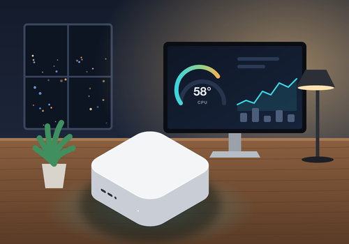 Monitor and control your Macs from Homey: temperatures, CPU, memory, disk, network, activity and backups, with Flows to sleep, wake, lock, notify, restart or shut down.