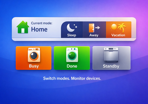 Smart home modes for lights, climate and devices — fully automated.