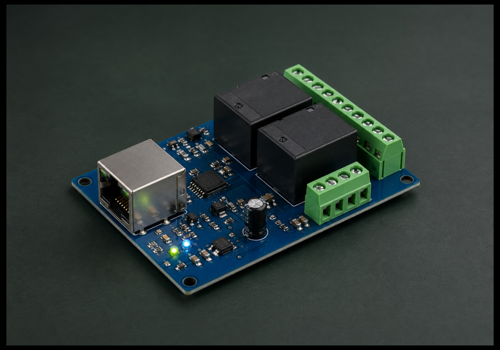 Keep your two-channel Ethernet relay in sync with Homey.
