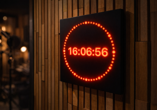 Broadcast studio clock widget with animated LED seconds ring