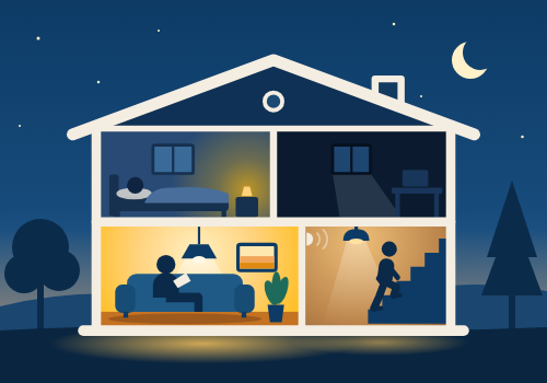 Every room lights itself — bright by day, calm at night, dark when empty.